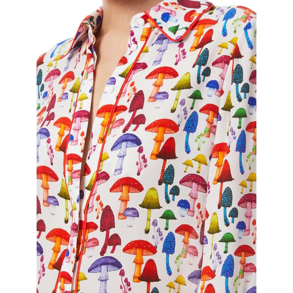 Alice + Olivia Willa Multicolored Mushroom Print Piped Placket Top - Picture 5 of 13